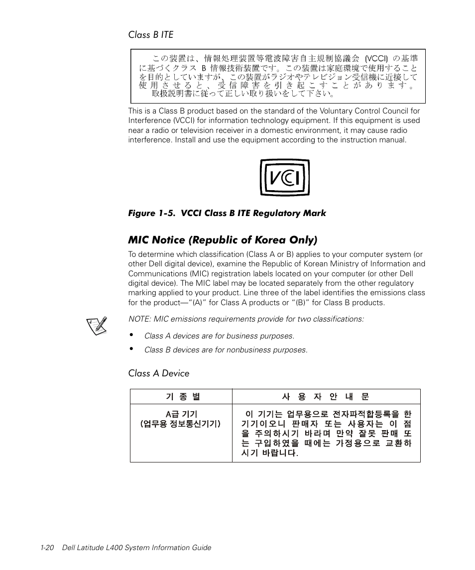 Mic notice (republic of korea only) | Dell Latitude L400 User Manual | Page 22 / 170