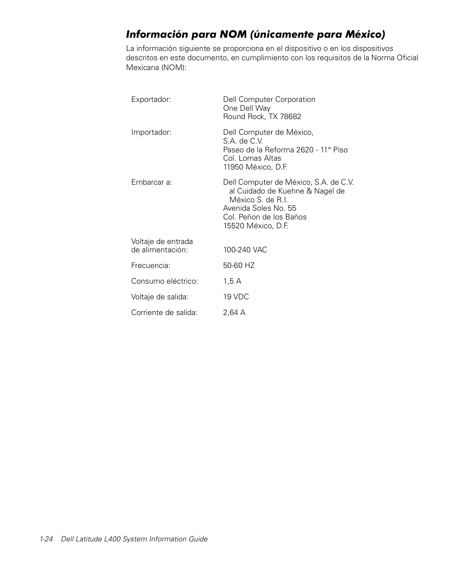 Información para nom (únicamente para méxico) | Dell Latitude L400 User Manual | Page 26 / 170