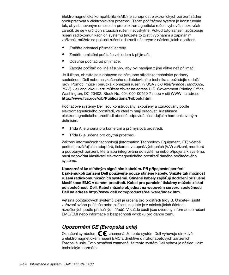 Upozornění ce (evropská unie) | Dell Latitude L400 User Manual | Page 44 / 170