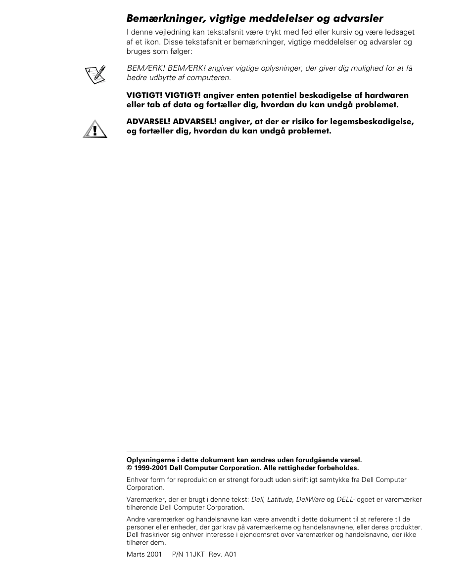 Bemærkninger, vigtige meddelelser og advarsler | Dell Latitude L400 User Manual | Page 48 / 170