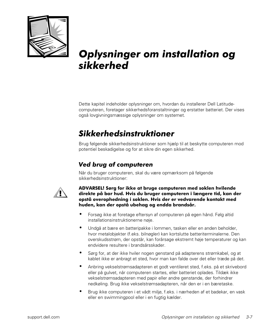 Oplysninger om installation og sikkerhed, Sikkerhedsinstruktioner | Dell Latitude L400 User Manual | Page 53 / 170