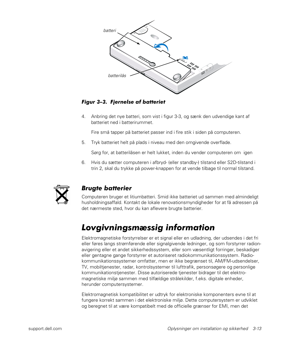 Lovgivningsmæssig information, Brugte batterier | Dell Latitude L400 User Manual | Page 59 / 170
