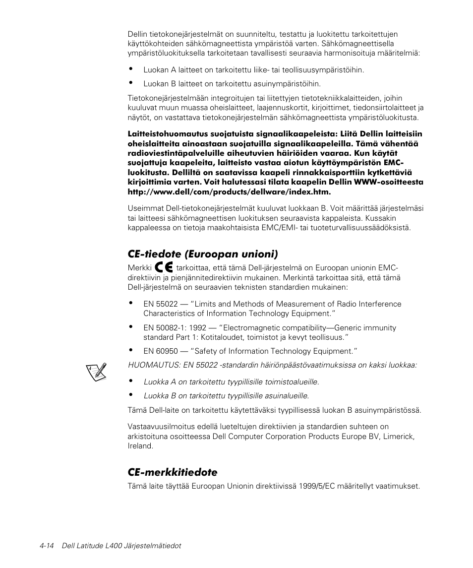 Ce-tiedote (euroopan unioni), Ce-merkkitiedote | Dell Latitude L400 User Manual | Page 76 / 170