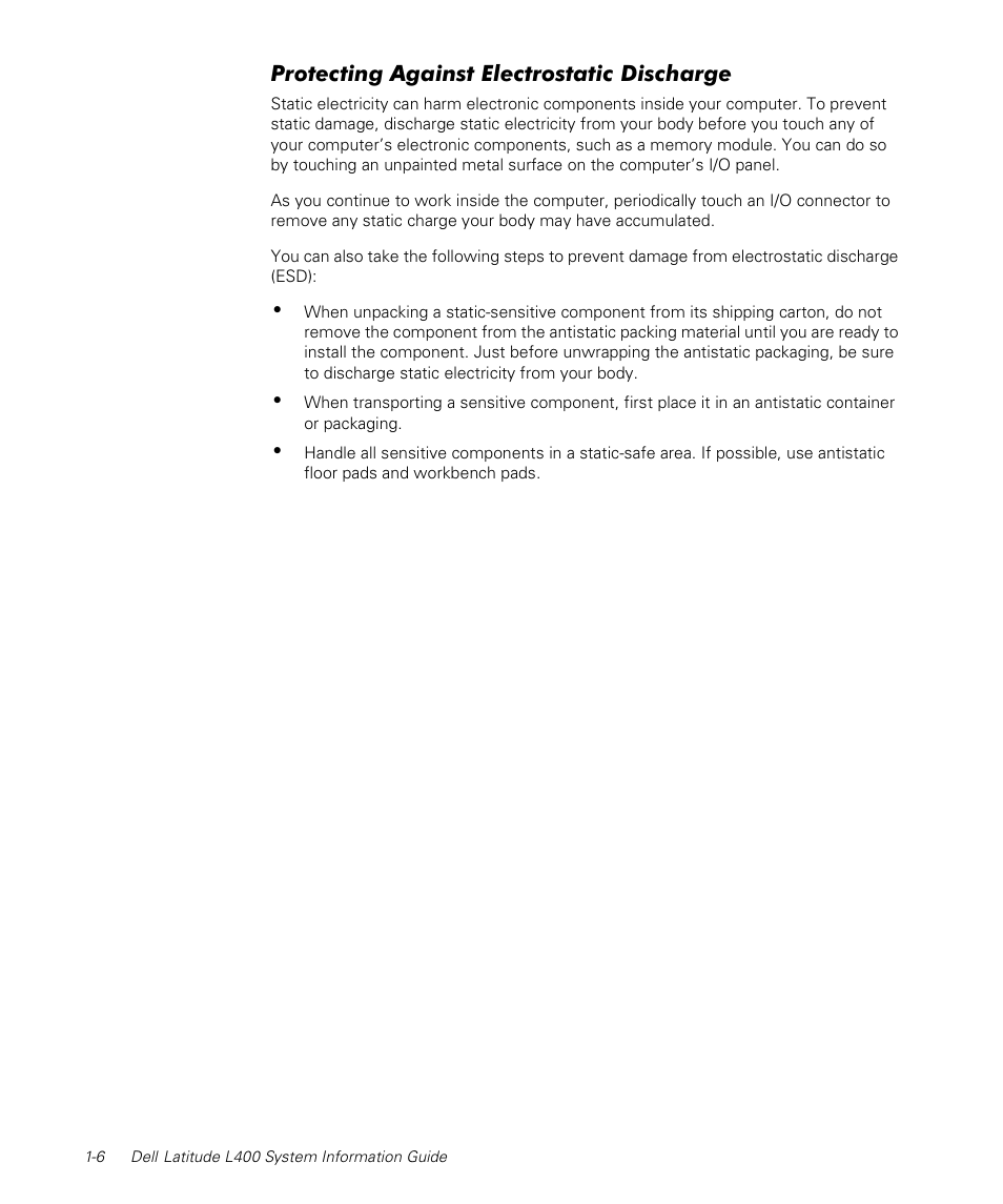 Protecting against electrostatic discharge | Dell Latitude L400 User Manual | Page 8 / 170