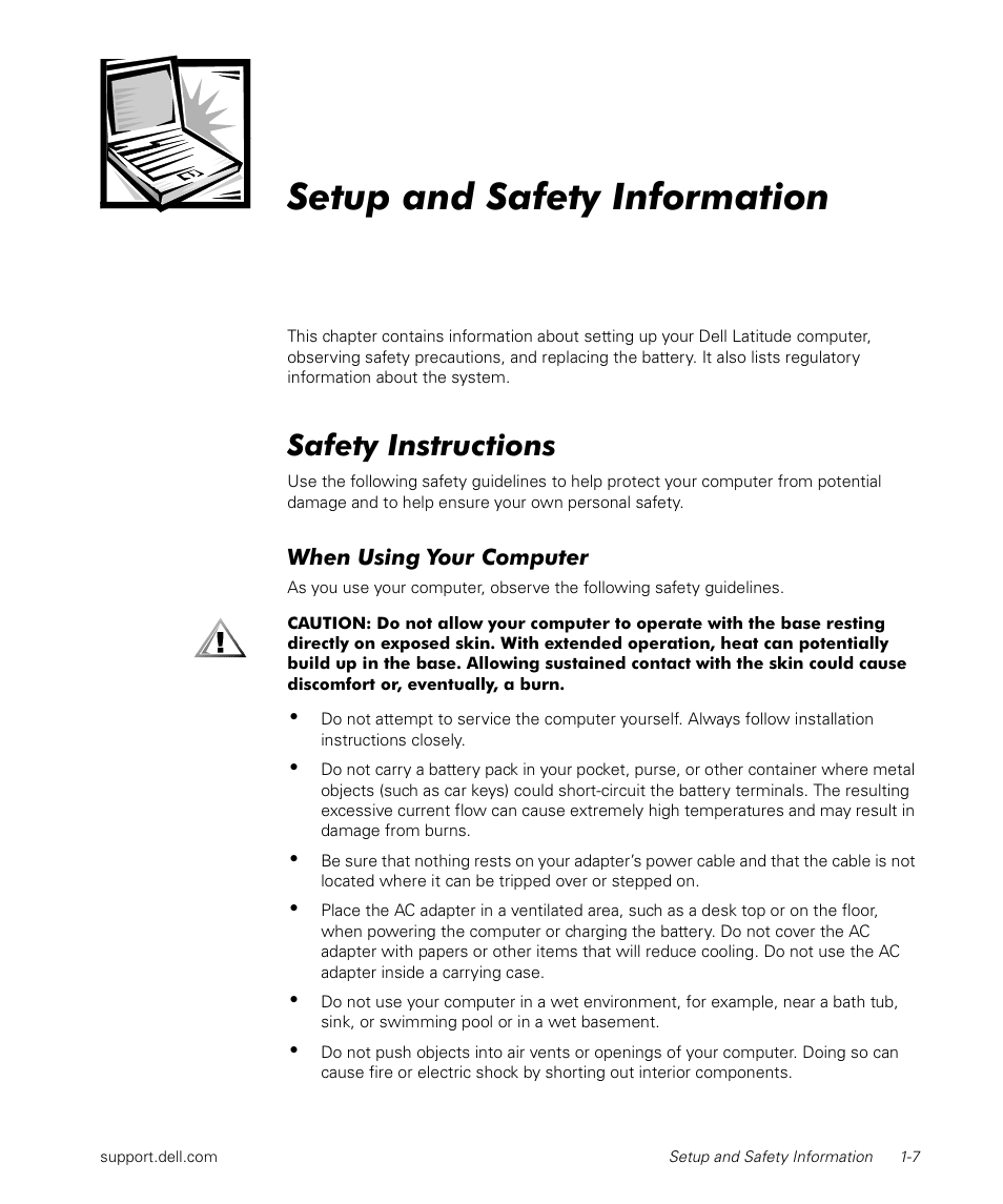 Setup and safety information, Safety instructions | Dell Latitude L400 User Manual | Page 9 / 170