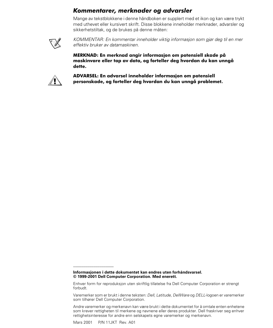 Kommentarer, merknader og advarsler | Dell Latitude L400 User Manual | Page 94 / 170