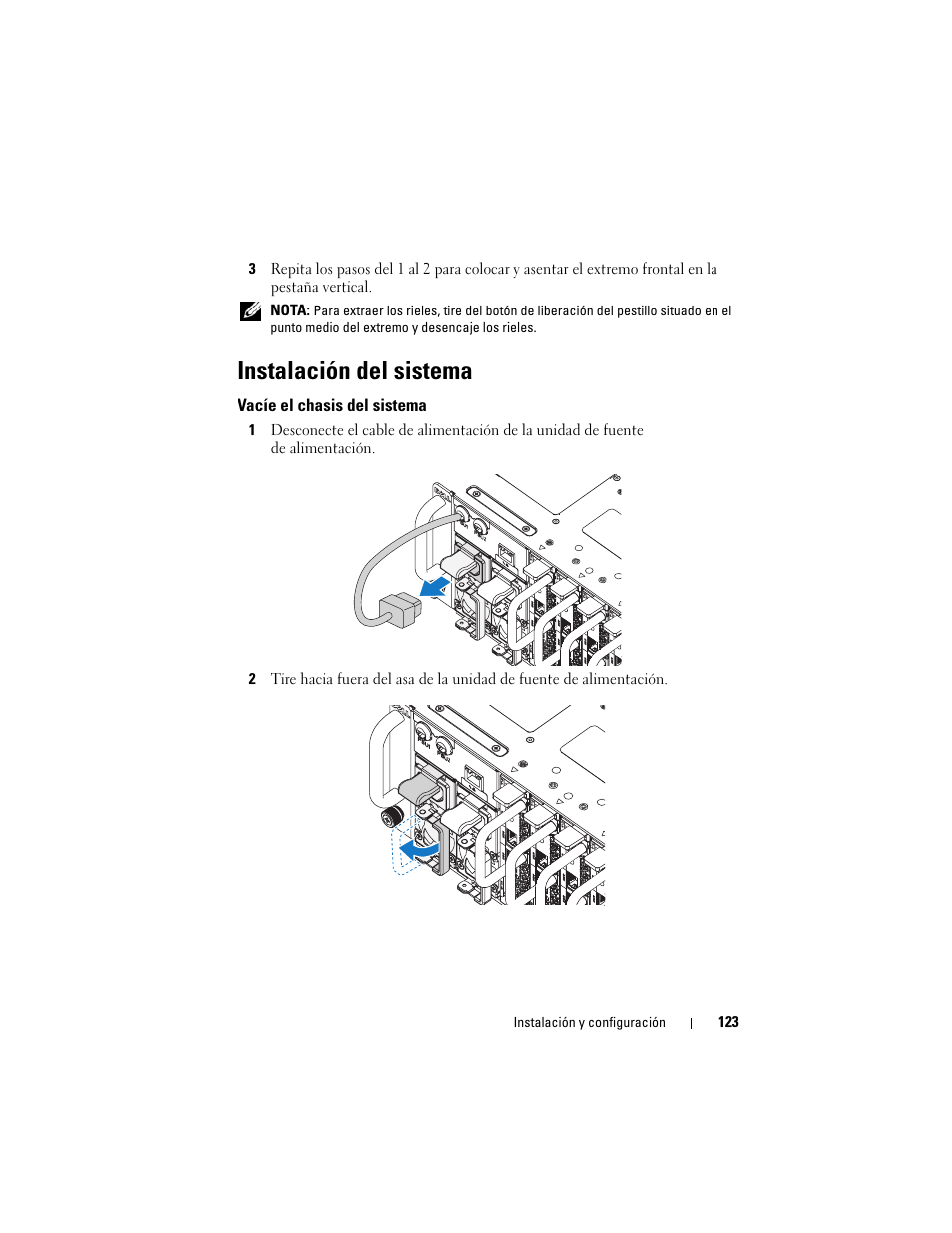 Instalación del sistema, Vacíe el chasis del sistema | Dell PowerEdge C5220 User Manual | Page 125 / 168