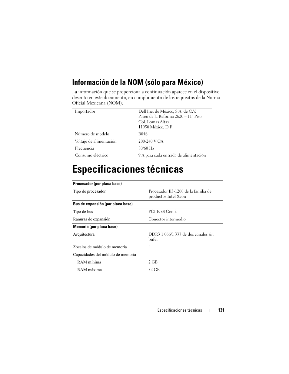 Información de la nom (sólo para méxico), Especificaciones técnicas | Dell PowerEdge C5220 User Manual | Page 133 / 168