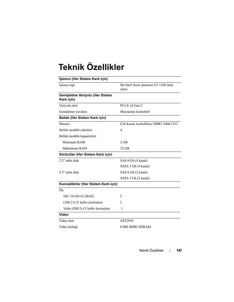 Teknik özellikler | Dell PowerEdge C5220 User Manual | Page 149 / 168