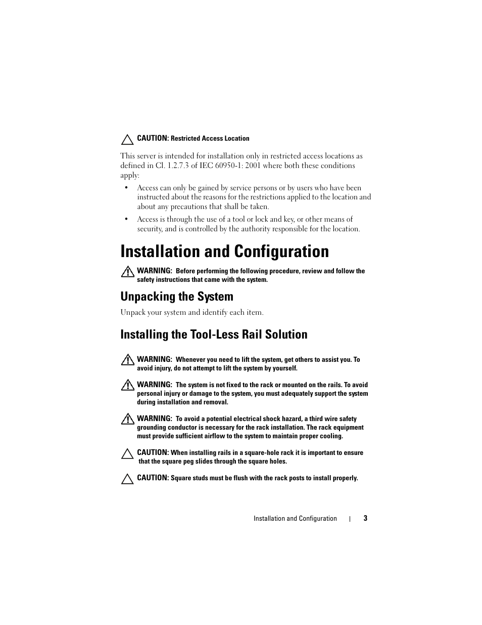 Installation and configuration, Unpacking the system, Installing the tool-less rail solution | Dell PowerEdge C5220 User Manual | Page 5 / 168