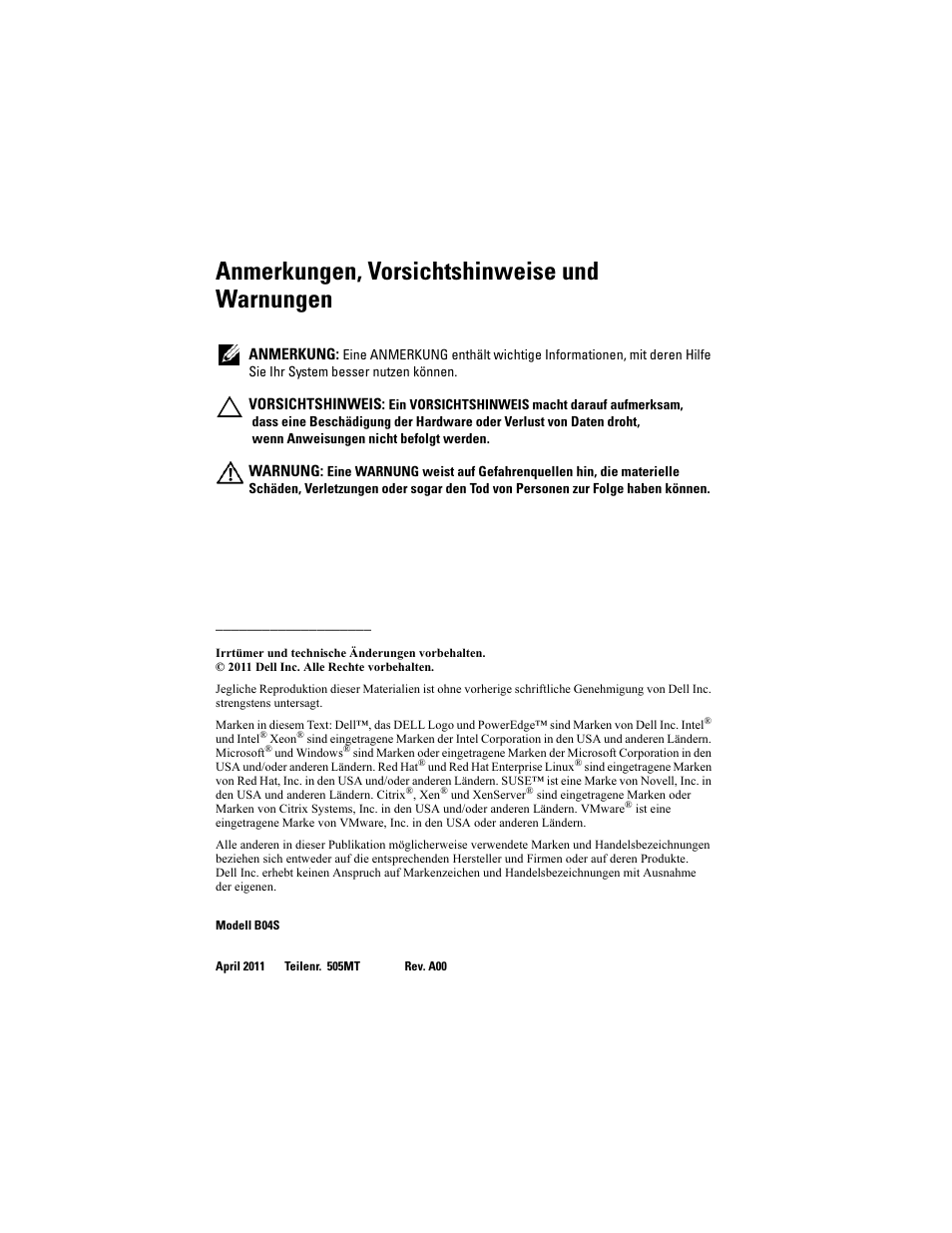 Anmerkungen, vorsichtshinweise und warnungen | Dell PowerEdge C5220 User Manual | Page 54 / 168