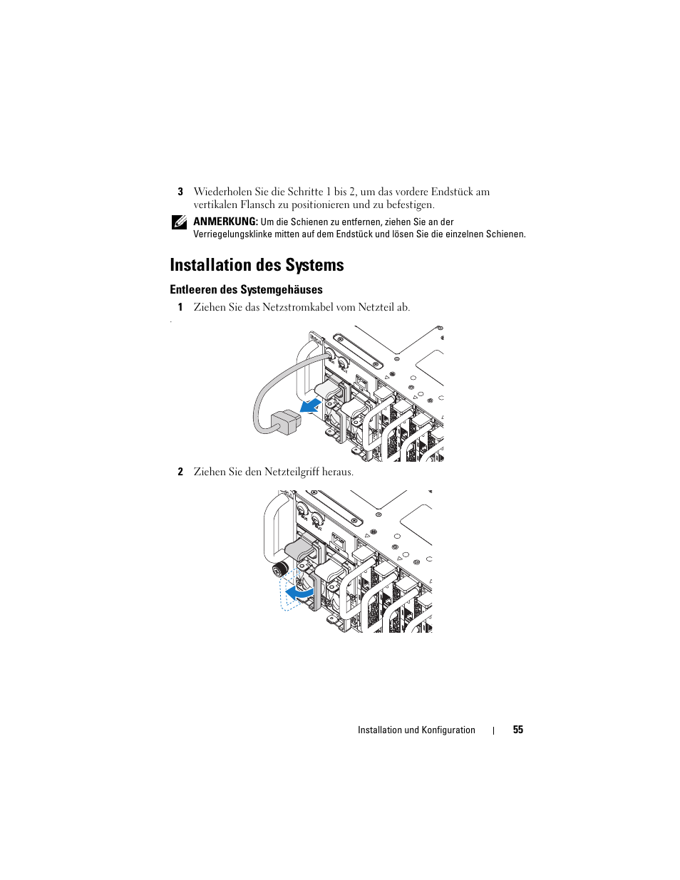 Installation des systems, Entleeren des systemgehäuses | Dell PowerEdge C5220 User Manual | Page 57 / 168