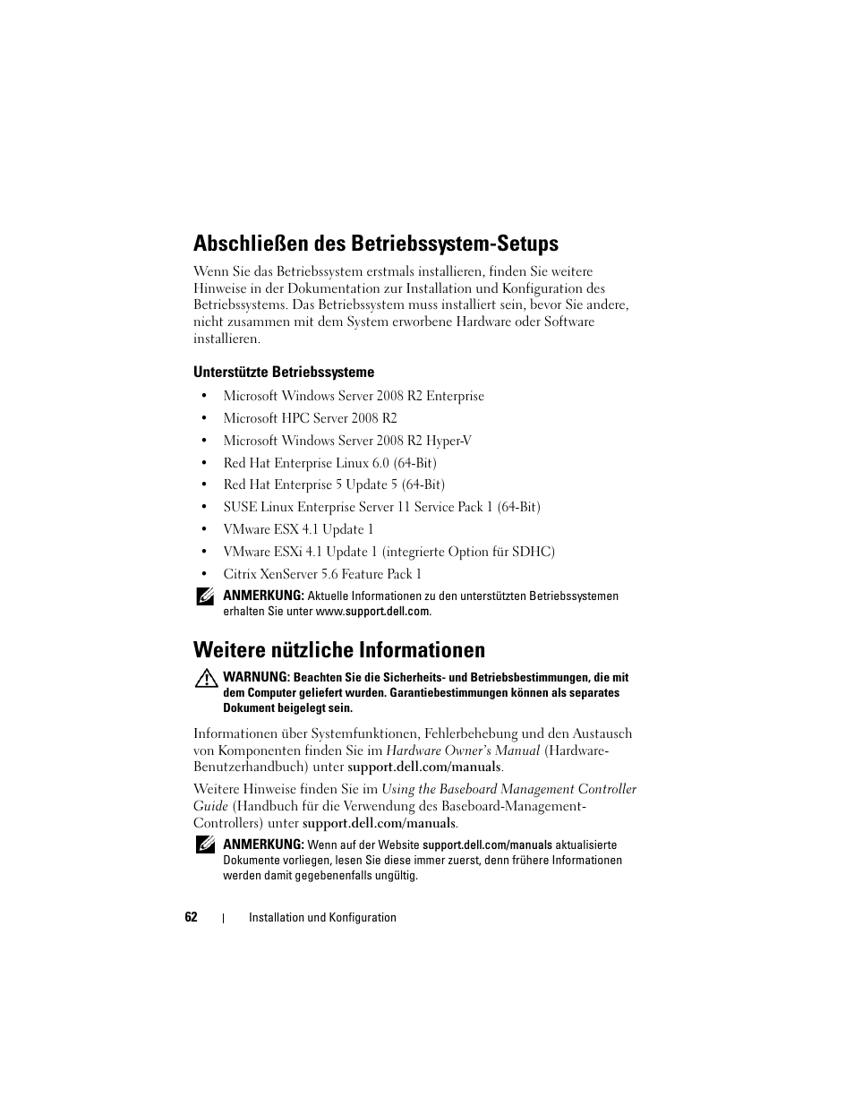 Abschließen des betriebssystem-setups, Unterstützte betriebssysteme, Weitere nützliche informationen | Dell PowerEdge C5220 User Manual | Page 64 / 168