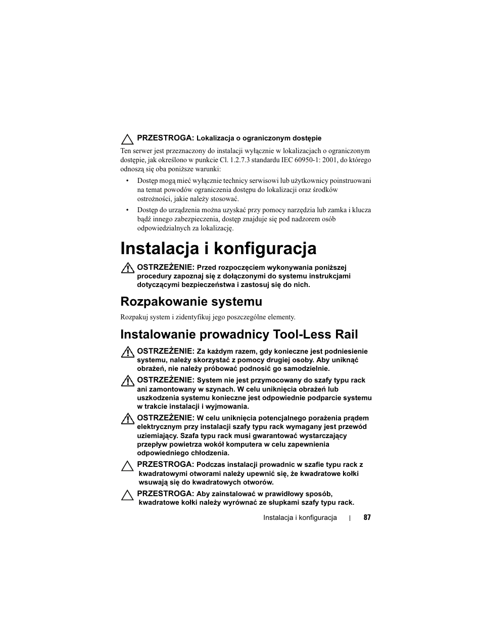 Instalacja i konfiguracja, Rozpakowanie systemu, Instalowanie prowadnicy tool-less rail | Dell PowerEdge C5220 User Manual | Page 89 / 168