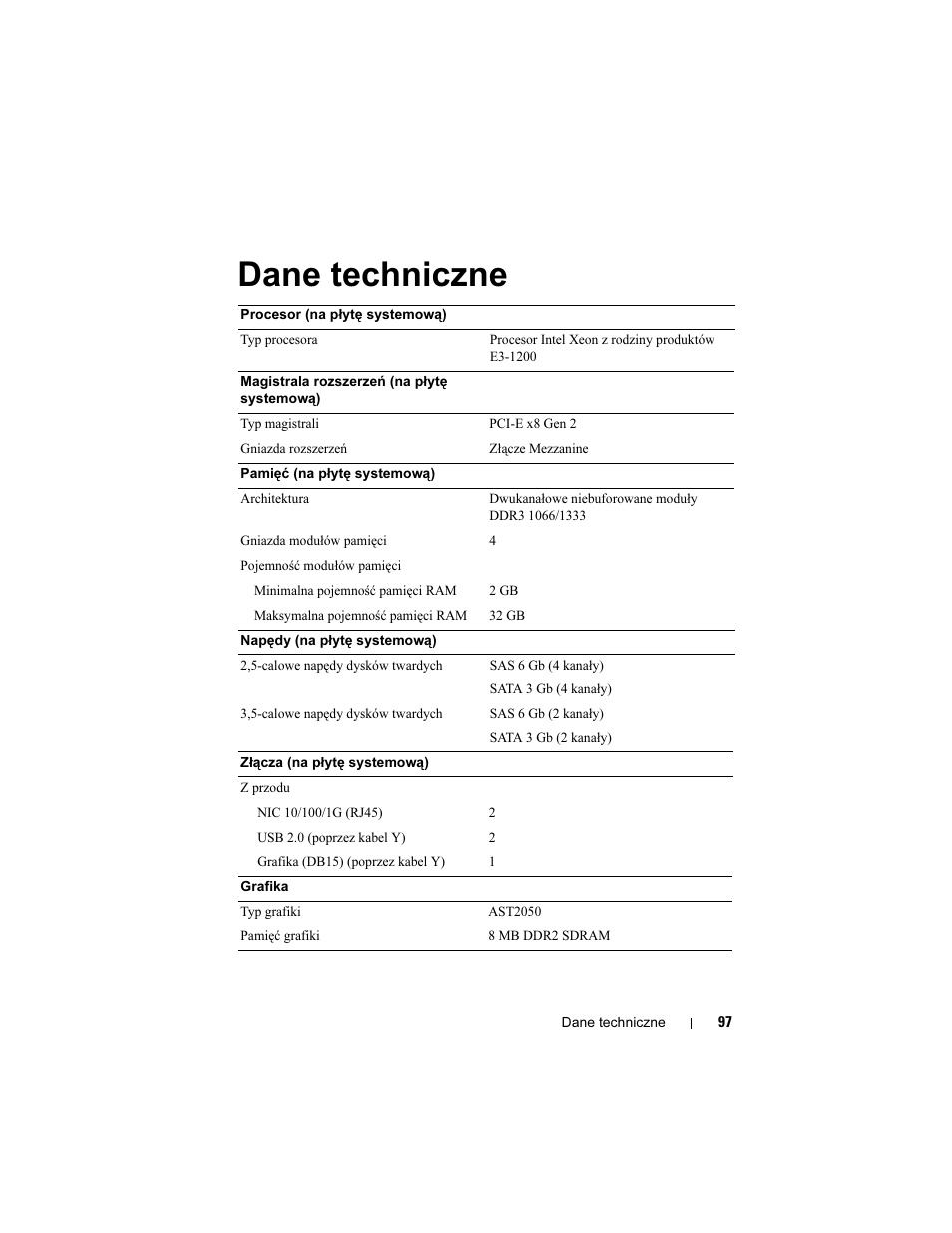Dane techniczne | Dell PowerEdge C5220 User Manual | Page 99 / 168