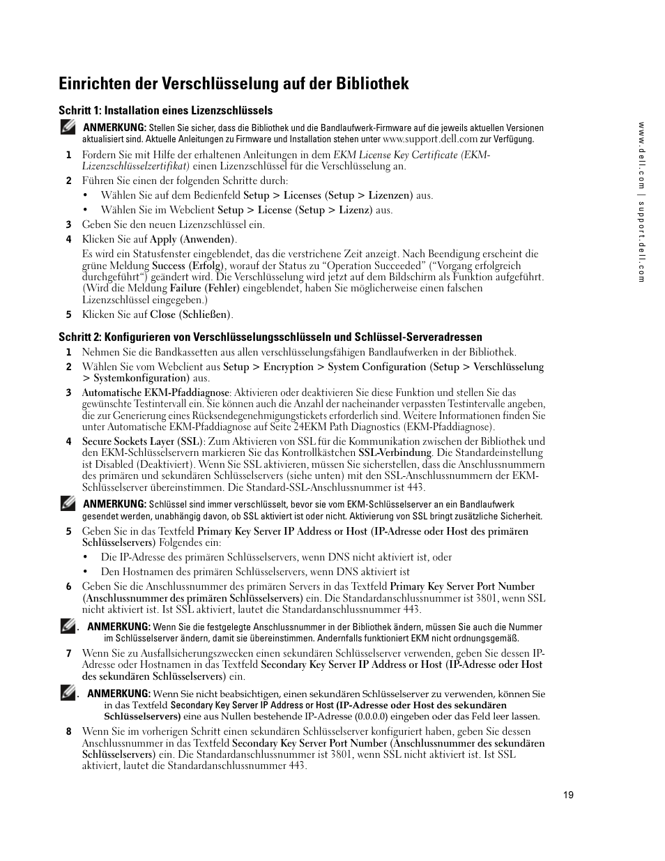 Einrichten der verschlüsselung auf der bibliothek, Schritt 1: installation eines lizenzschlüssels | Dell PowerVault ML6000 User Manual | Page 19 / 66