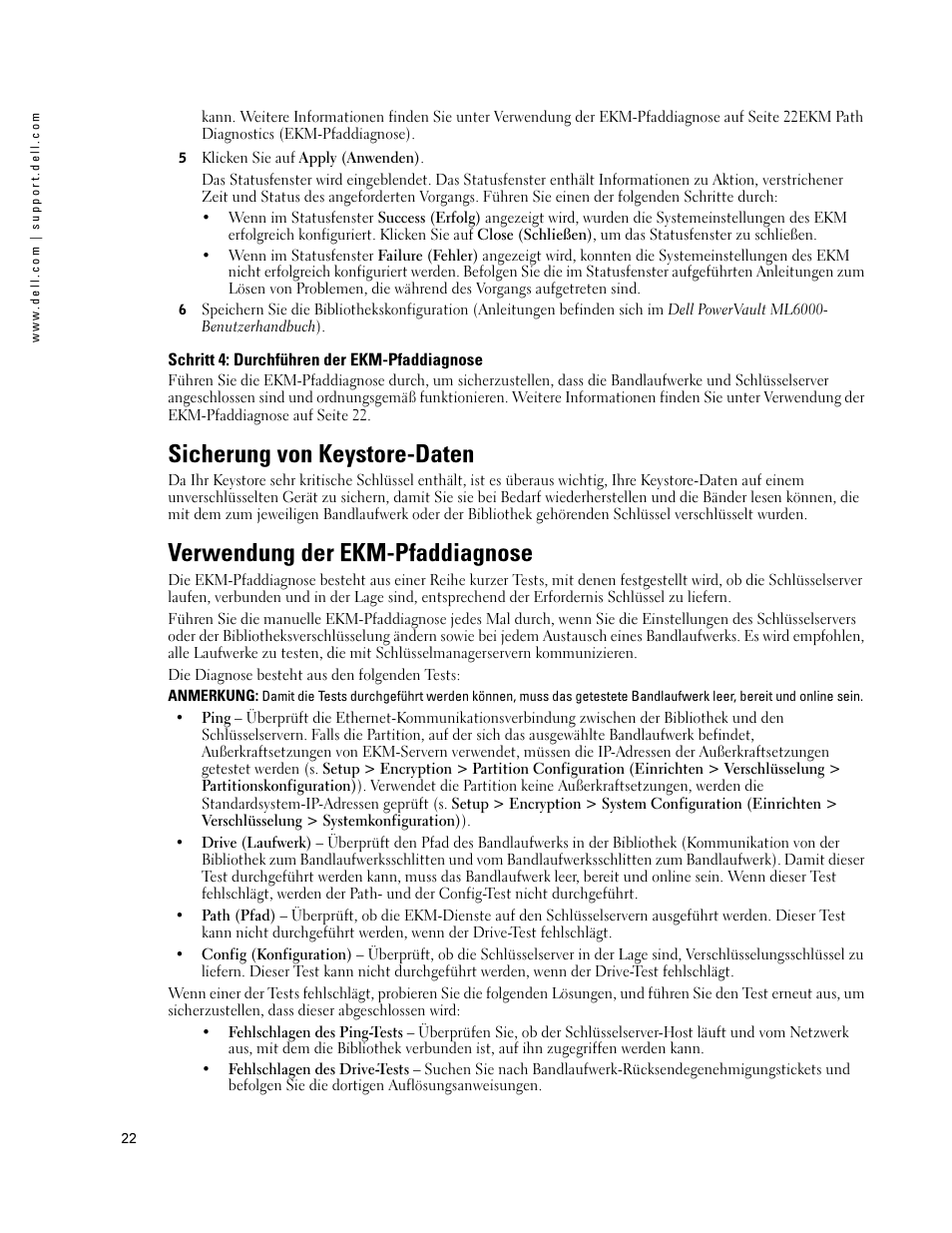 Schritt 4: durchführen der ekm-pfaddiagnose, Sicherung von keystore-daten, Verwendung der ekm-pfaddiagnose | Dell PowerVault ML6000 User Manual | Page 22 / 66