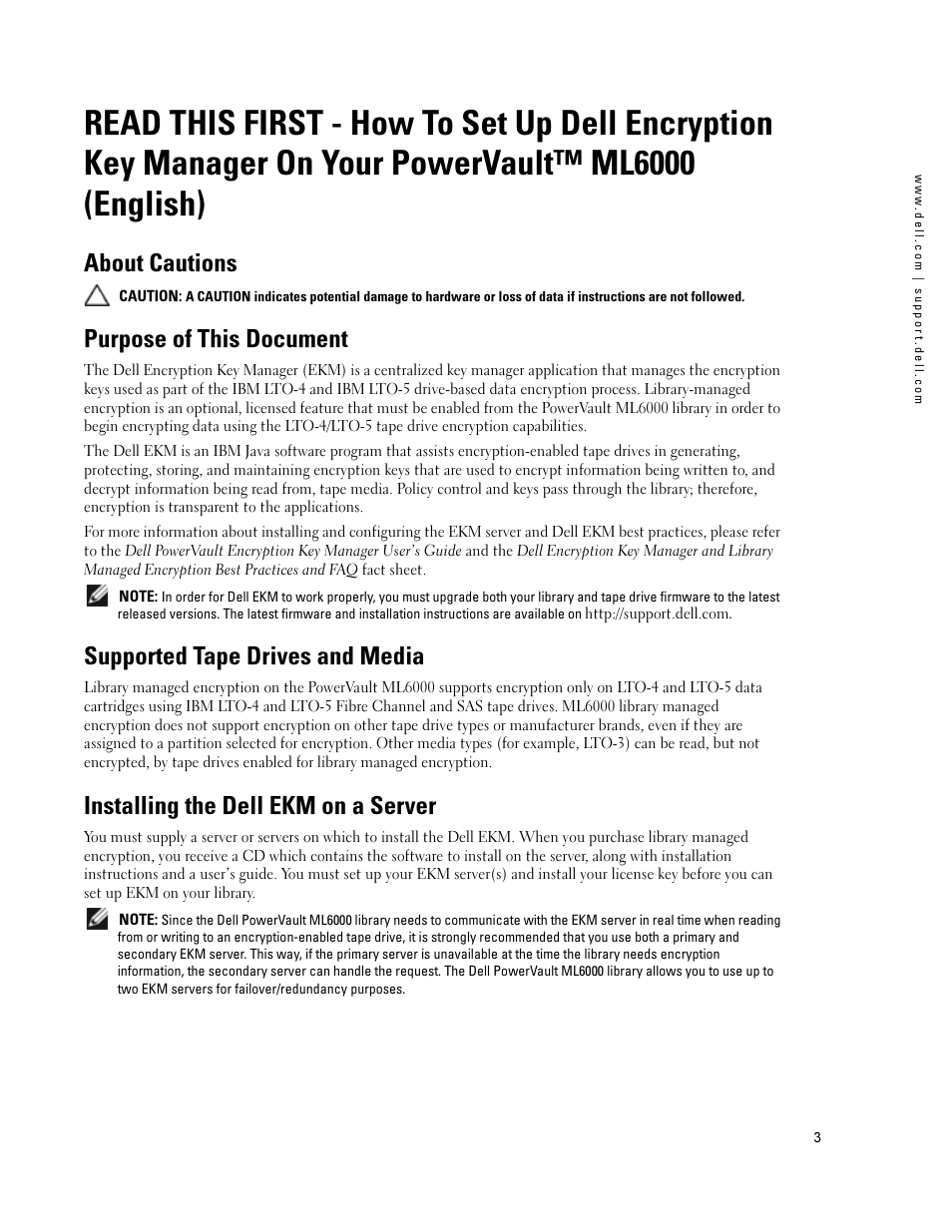 About cautions, Purpose of this document, Supported tape drives and media | Installing the dell ekm on a server, On your powervault™ ml6000 (english) | Dell PowerVault ML6000 User Manual | Page 3 / 66