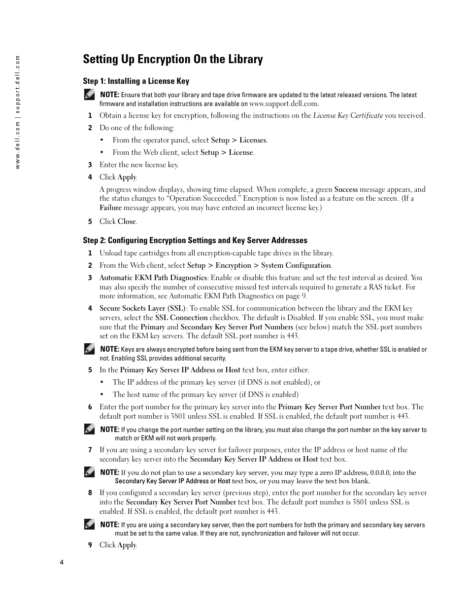 Setting up encryption on the library, Step 1: installing a license key | Dell PowerVault ML6000 User Manual | Page 4 / 66