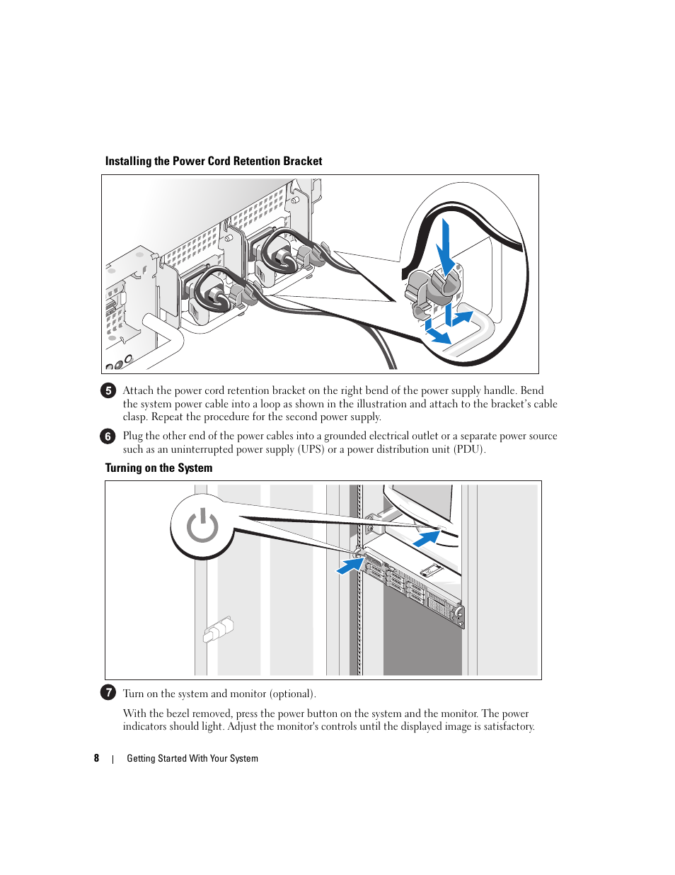 Installing the power cord retention bracket, Turning on the system | Dell PowerEdge 2970 User Manual | Page 10 / 110