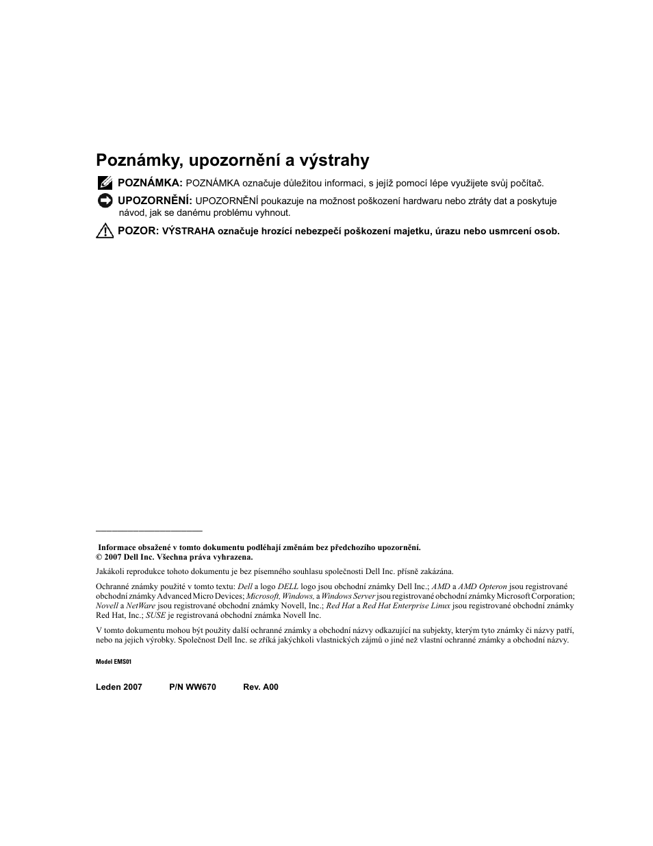 Poznámky, upozornění a výstrahy | Dell PowerEdge 2970 User Manual | Page 16 / 110