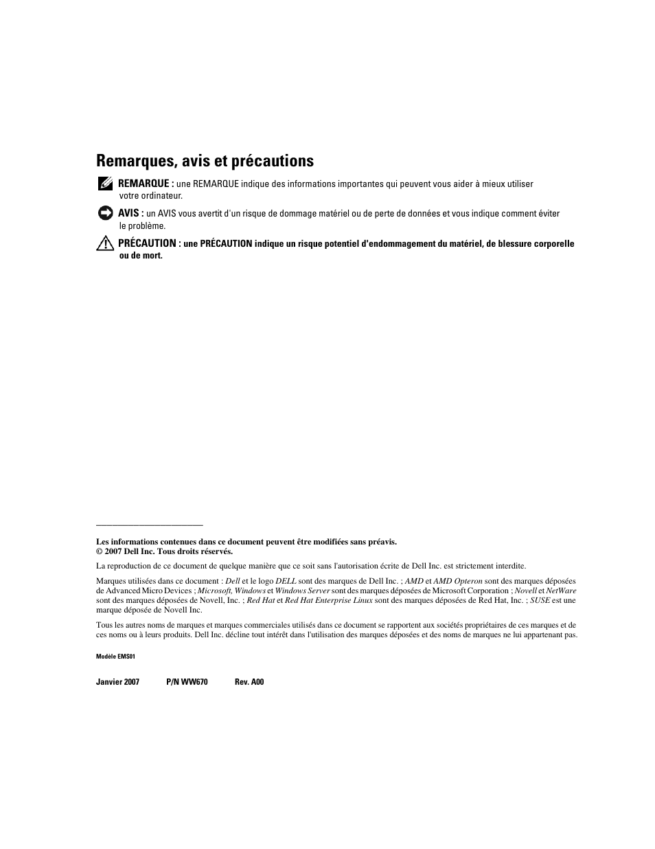 Remarques, avis et précautions | Dell PowerEdge 2970 User Manual | Page 28 / 110