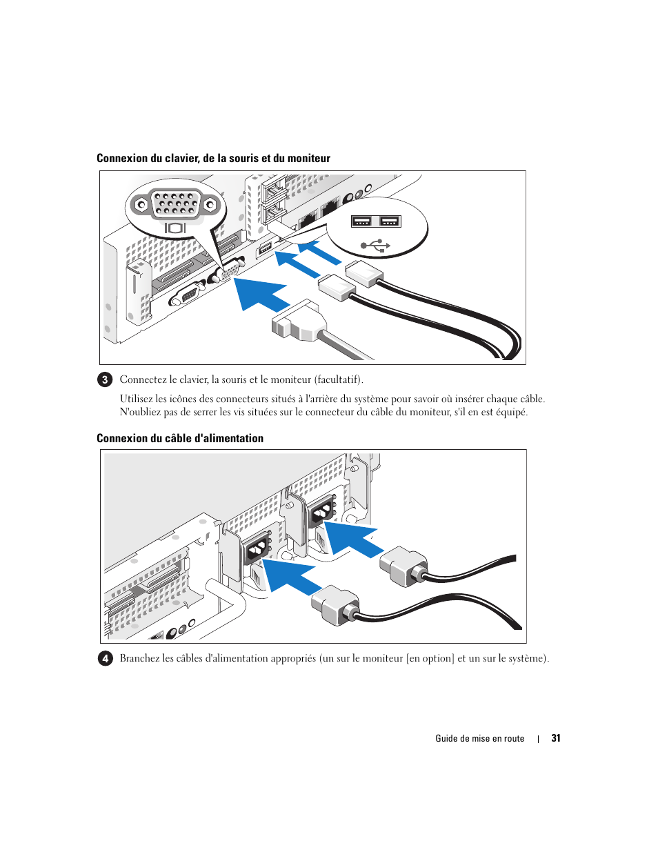 Connexion du clavier, de la souris et du moniteur, Connexion du câble d'alimentation | Dell PowerEdge 2970 User Manual | Page 33 / 110