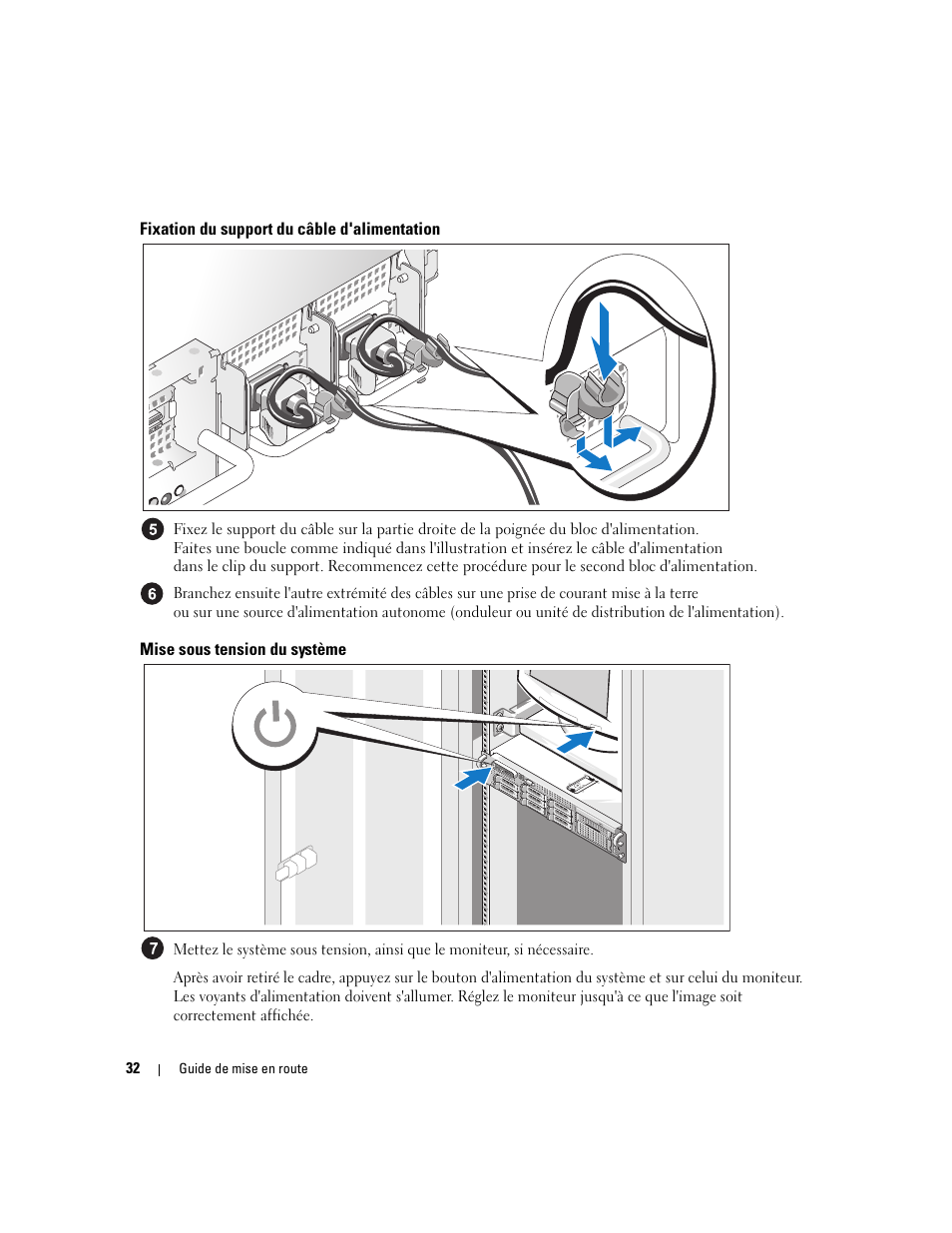 Fixation du support du câble d'alimentation, Mise sous tension du système | Dell PowerEdge 2970 User Manual | Page 34 / 110