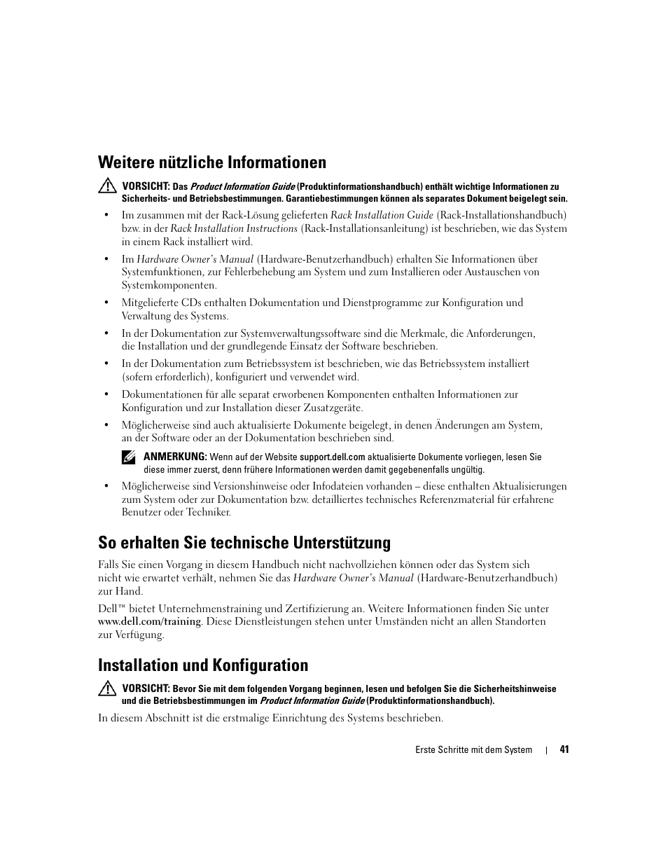 Weitere nützliche informationen, So erhalten sie technische unterstützung, Installation und konfiguration | Dell PowerEdge 2970 User Manual | Page 43 / 110