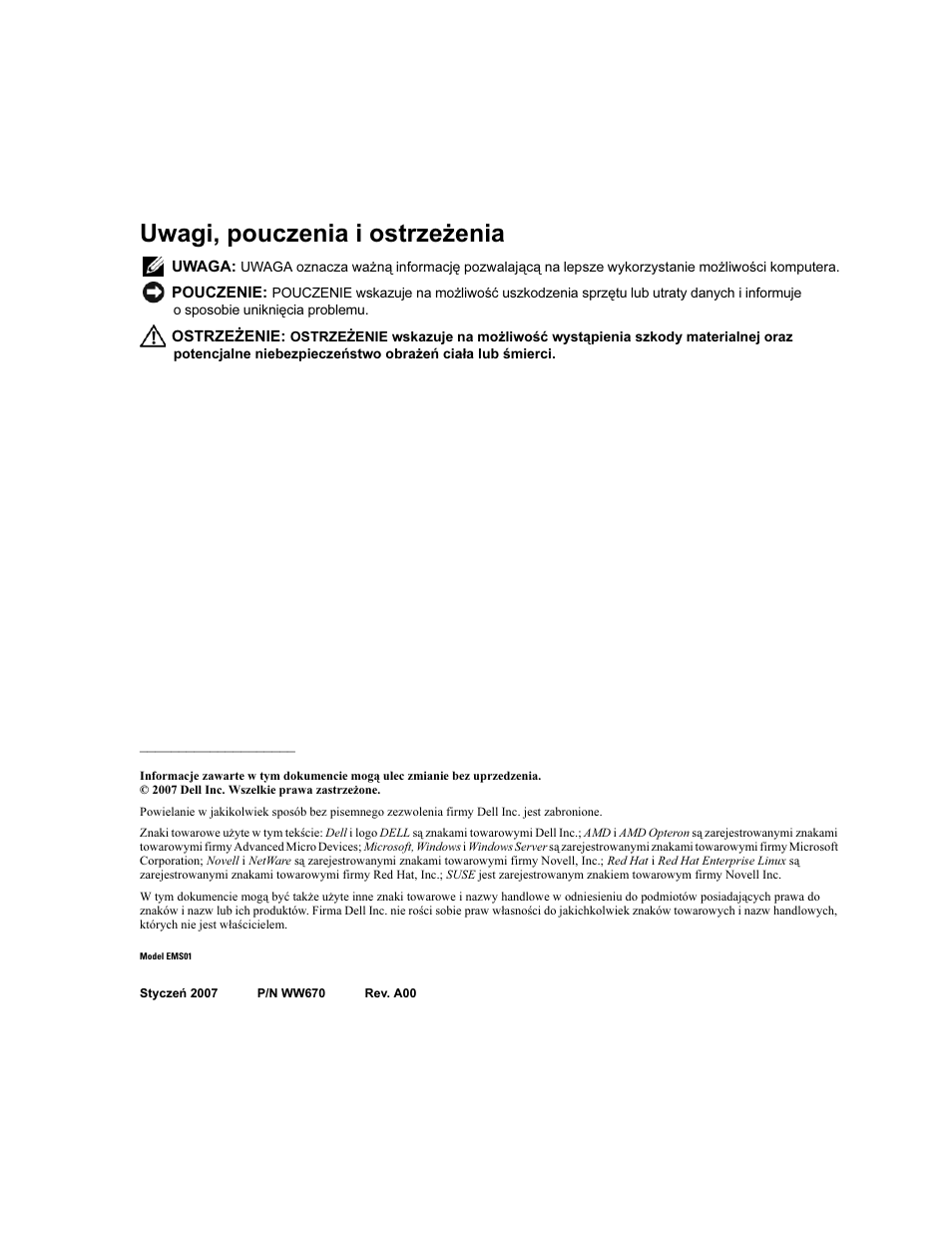 Uwagi, pouczenia i ostrzeżenia | Dell PowerEdge 2970 User Manual | Page 64 / 110