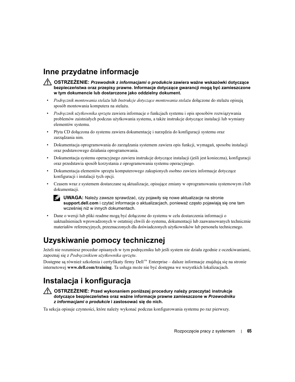 Inne przydatne informacje, Uzyskiwanie pomocy technicznej, Instalacja i konfiguracja | Dell PowerEdge 2970 User Manual | Page 67 / 110