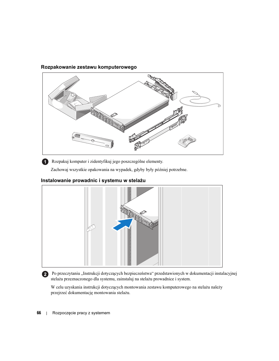 Rozpakowanie zestawu komputerowego, Instalowanie prowadnic i systemu w stelażu | Dell PowerEdge 2970 User Manual | Page 68 / 110