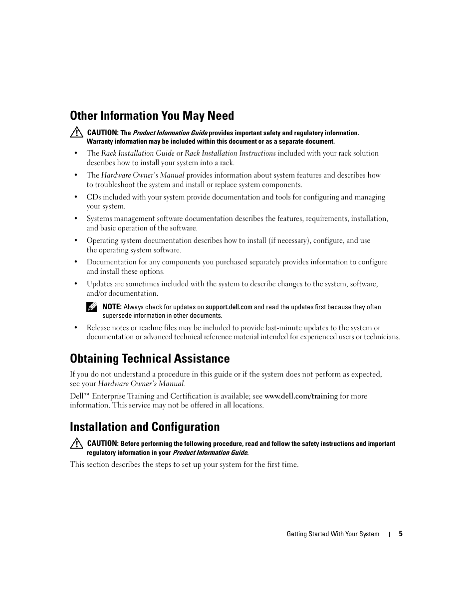 Other information you may need, Obtaining technical assistance, Installation and configuration | Dell PowerEdge 2970 User Manual | Page 7 / 110