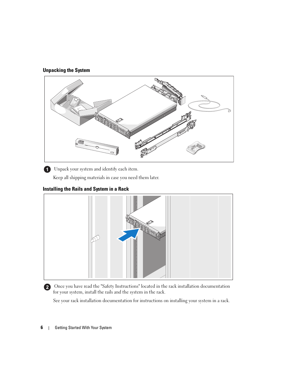 Unpacking the system, Installing the rails and system in a rack | Dell PowerEdge 2970 User Manual | Page 8 / 110