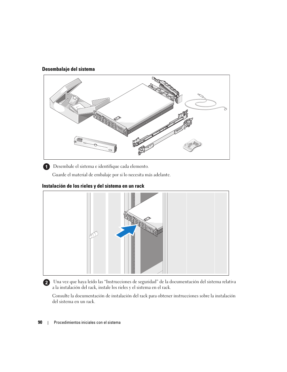 Desembalaje del sistema, Instalación de los rieles y del sistema en un rack | Dell PowerEdge 2970 User Manual | Page 92 / 110