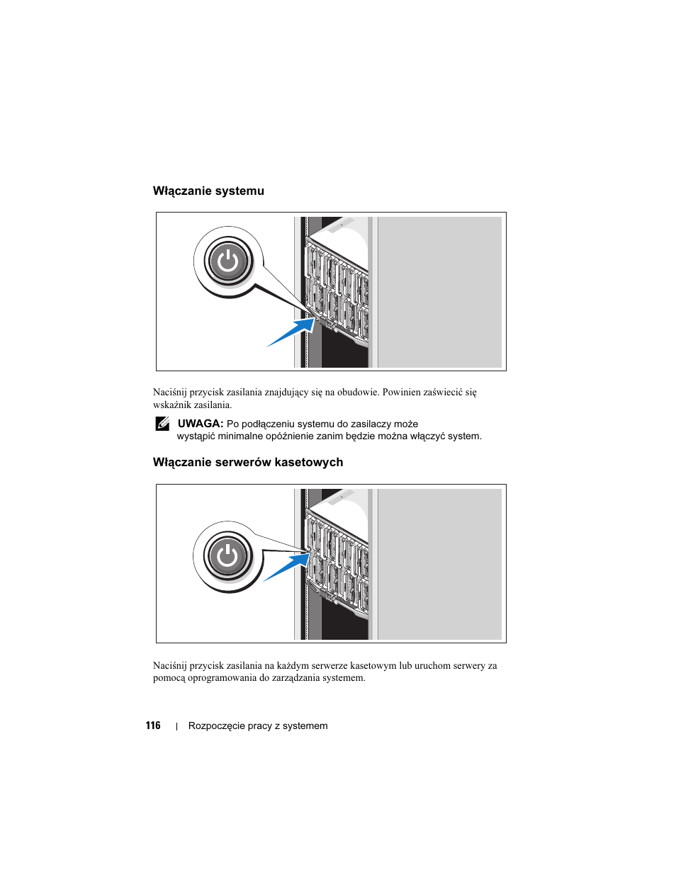 Włączanie systemu, Włączanie serwerów kasetowych | Dell PowerEdge M710 User Manual | Page 118 / 224