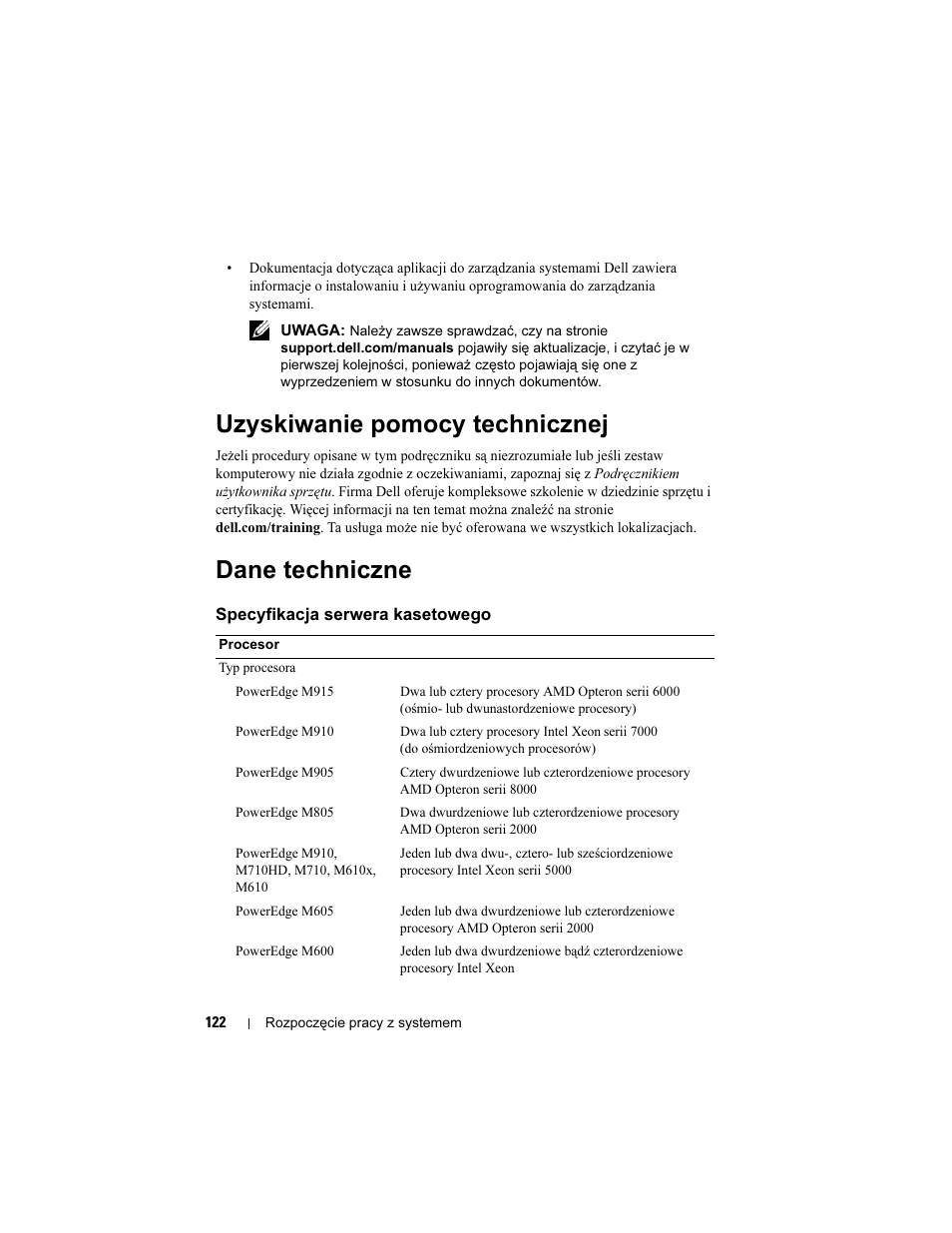 Uzyskiwanie pomocy technicznej, Dane techniczne | Dell PowerEdge M710 User Manual | Page 124 / 224