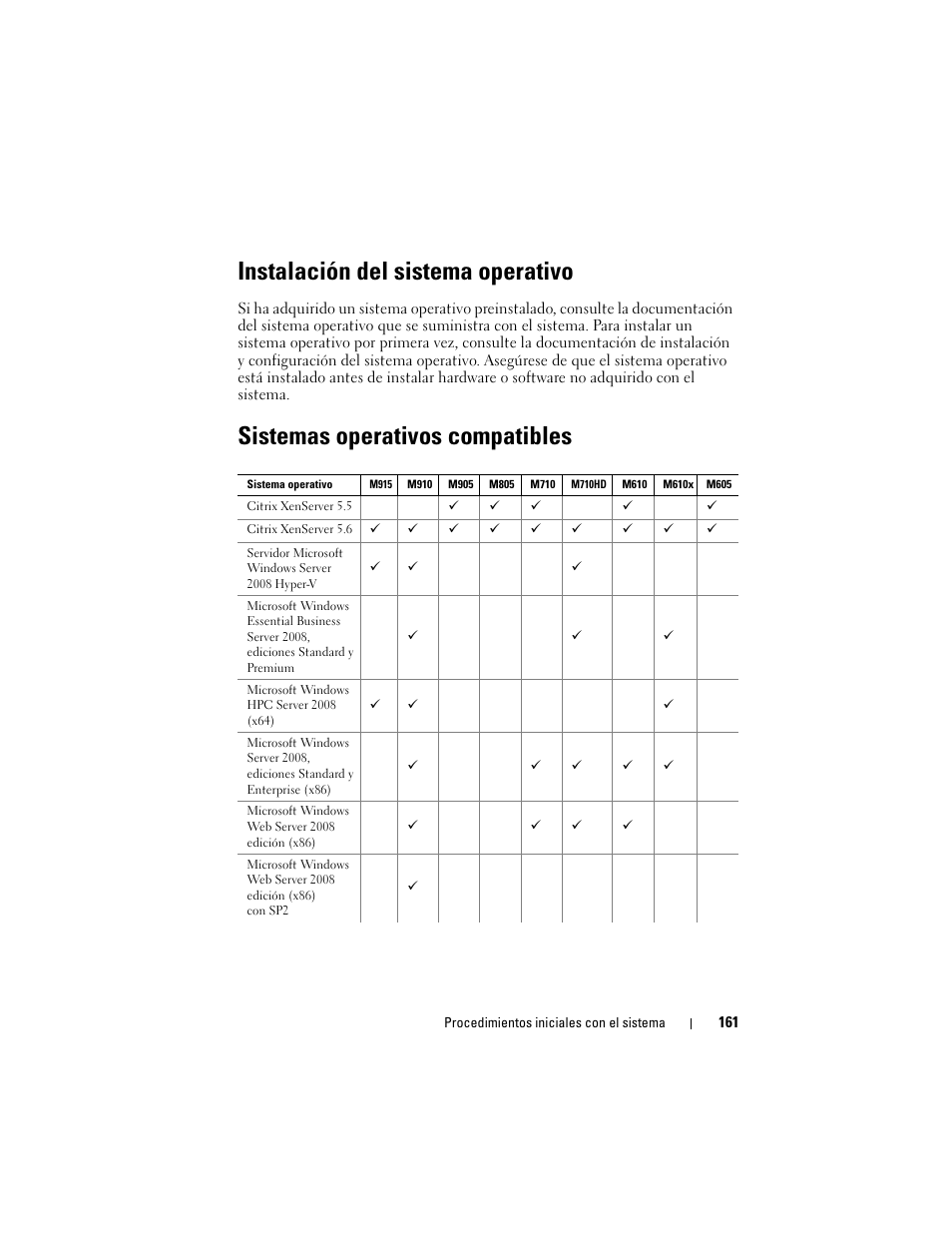 Instalación del sistema operativo, Sistemas operativos compatibles | Dell PowerEdge M710 User Manual | Page 163 / 224