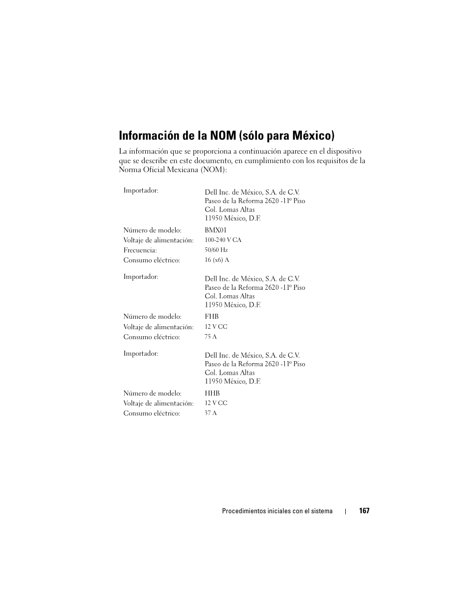 Información de la nom (sólo para méxico) | Dell PowerEdge M710 User Manual | Page 169 / 224