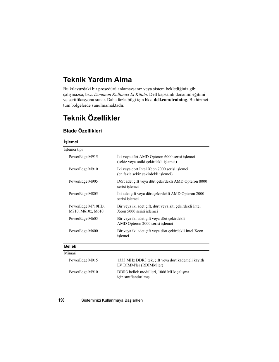 Teknik yardım alma, Teknik özellikler | Dell PowerEdge M710 User Manual | Page 192 / 224