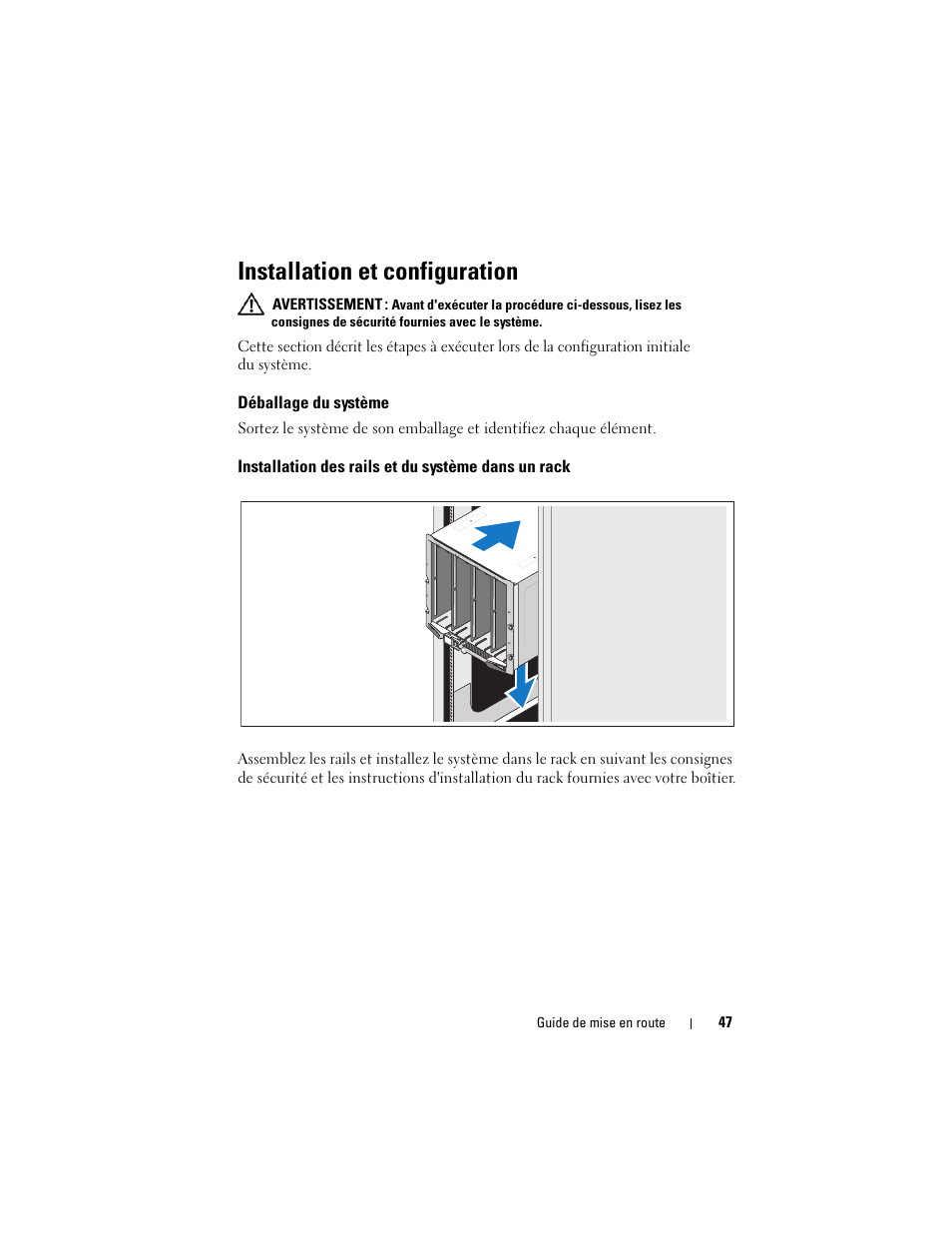 Installation et configuration, Déballage du système, Installation des rails et du système dans un rack | Dell PowerEdge M710 User Manual | Page 49 / 224