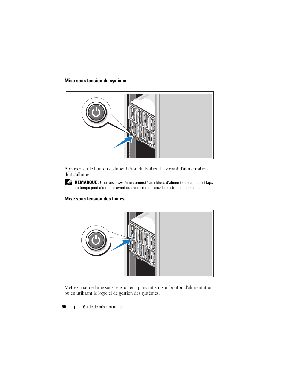 Mise sous tension du système, Mise sous tension des lames | Dell PowerEdge M710 User Manual | Page 52 / 224