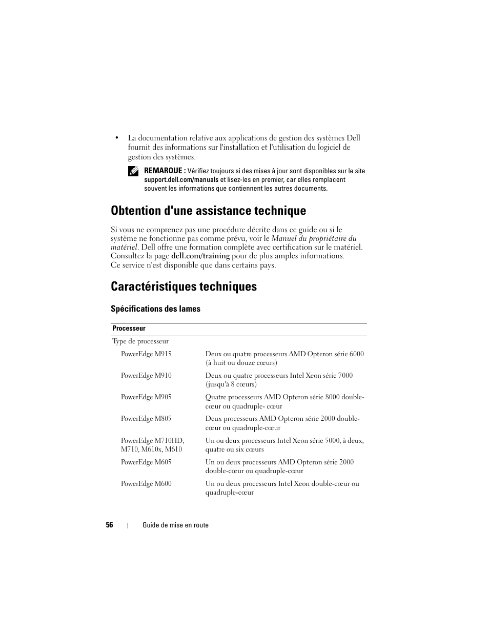 Obtention d'une assistance technique, Caractéristiques techniques | Dell PowerEdge M710 User Manual | Page 58 / 224