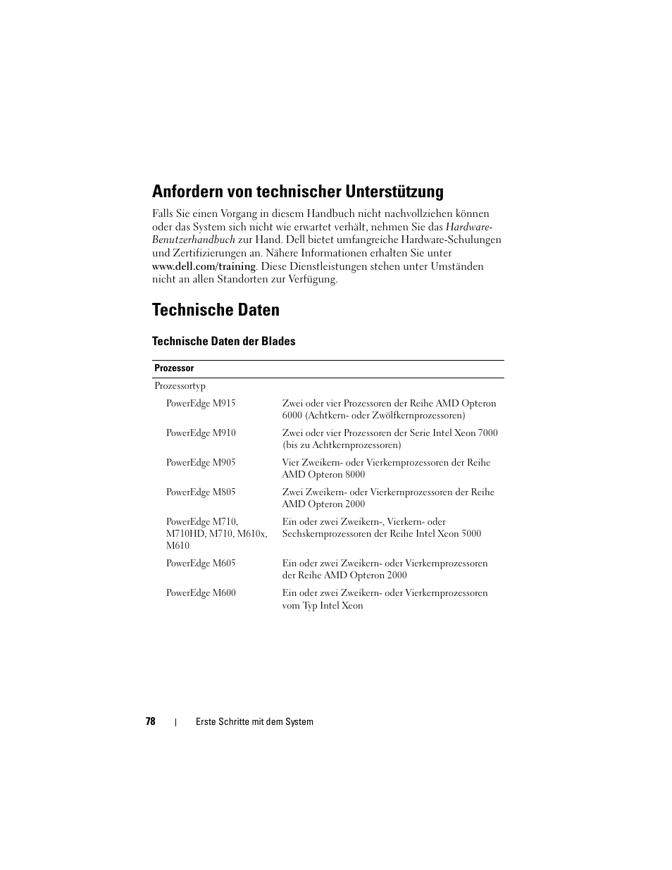 Anfordern von technischer unterstützung, Technische daten | Dell PowerEdge M710 User Manual | Page 80 / 224