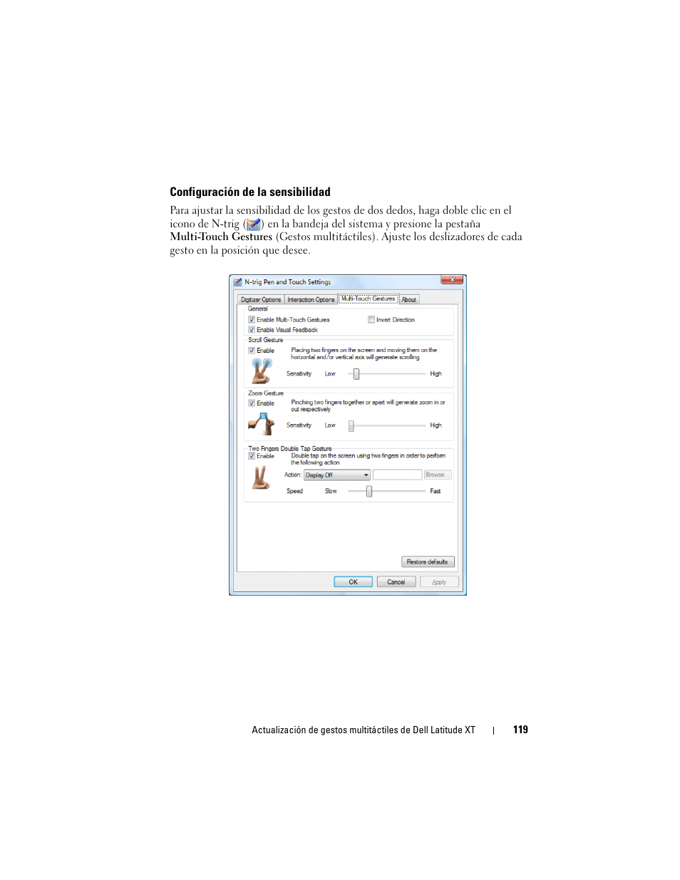 Configuración de la sensibilidad | Dell Latitude XT User Manual | Page 121 / 148