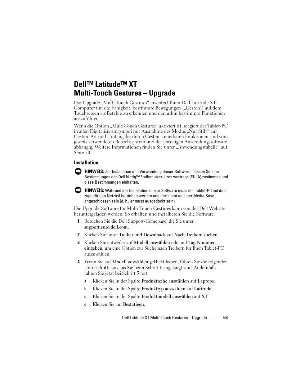 Dell™ latitude™ xt multi-touch gestures - upgrade, Installation, Dell™ latitude™ xt multi-touch gestures – upgrade | Dell Latitude XT User Manual | Page 65 / 148