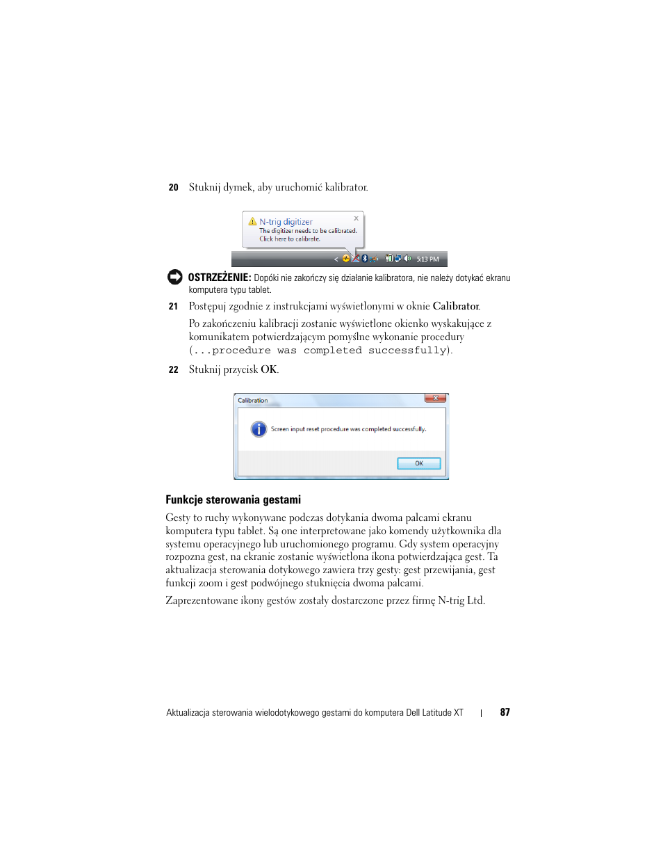 Funkcje sterowania gestami | Dell Latitude XT User Manual | Page 89 / 148