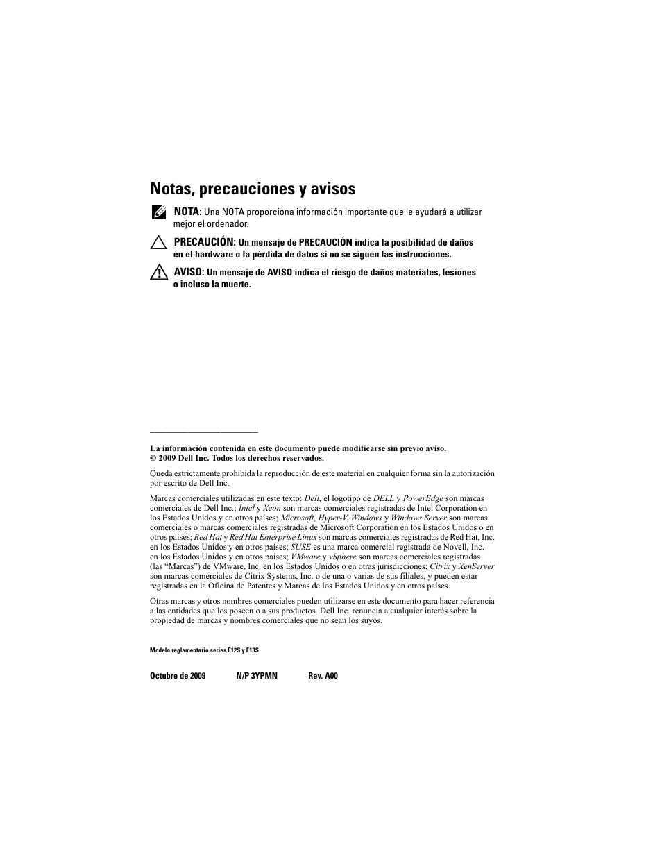 Notas, precauciones y avisos | Dell PowerEdge R510 User Manual | Page 46 / 58