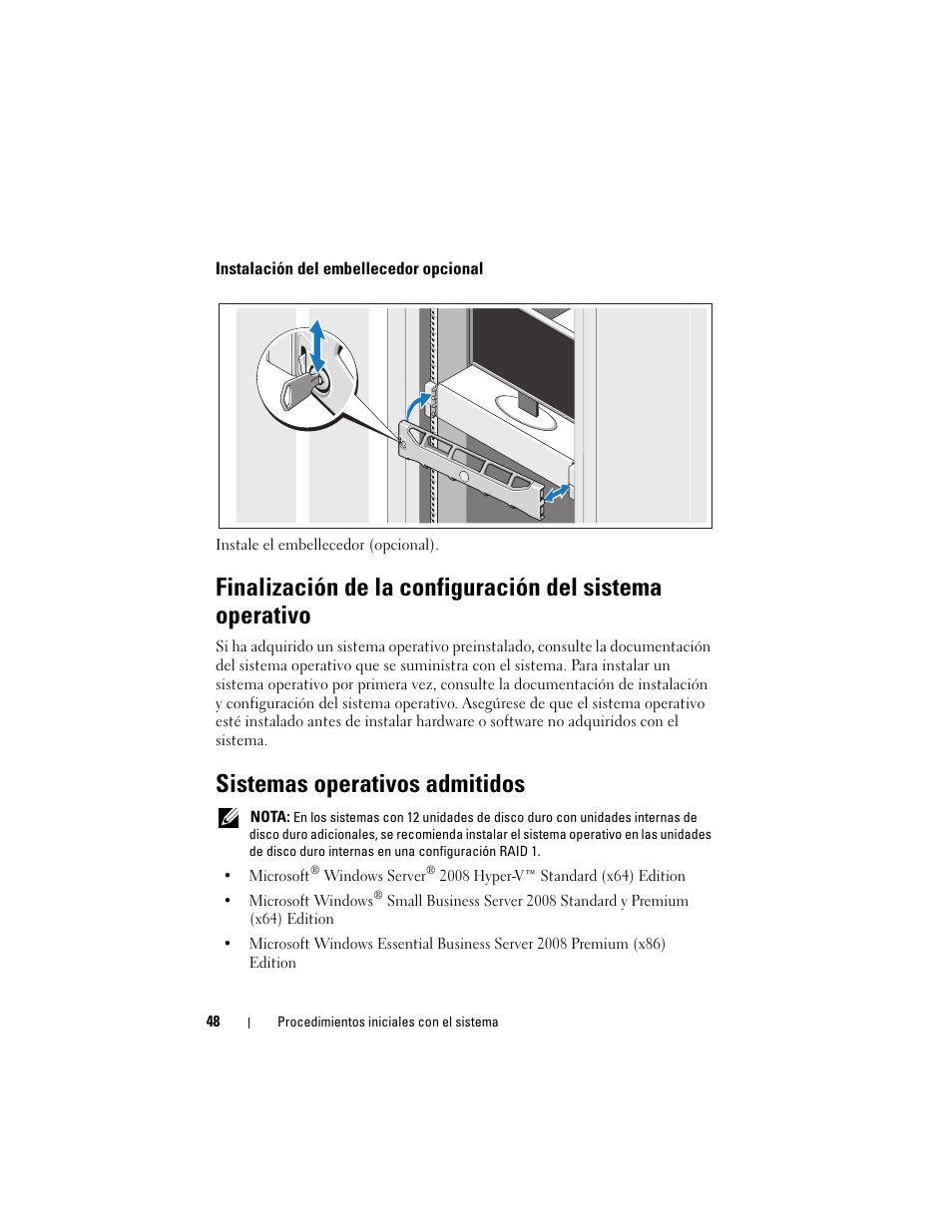 Instalación del embellecedor opcional, Sistemas operativos admitidos | Dell PowerEdge R510 User Manual | Page 50 / 58