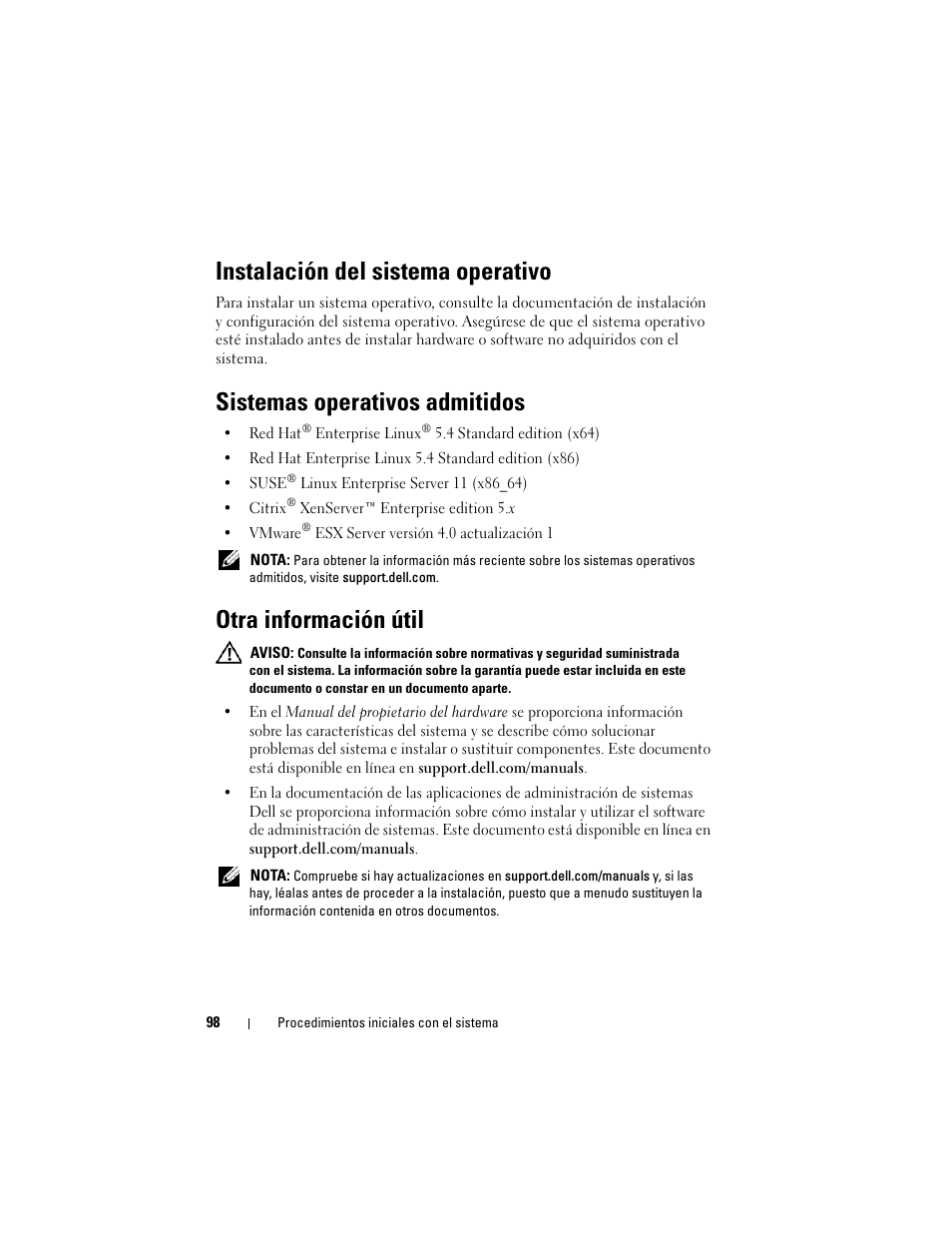 Instalación del sistema operativo, Sistemas operativos admitidos, Otra información útil | Dell PowerEdge C2100 User Manual | Page 100 / 118
